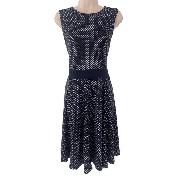 Size 14W 1X NAVY BLUE/WHITE TINY POLKA DOT CUTOUT DRESS‎ W/TIE Summer PLUS SIZE - Picture 1 of 4